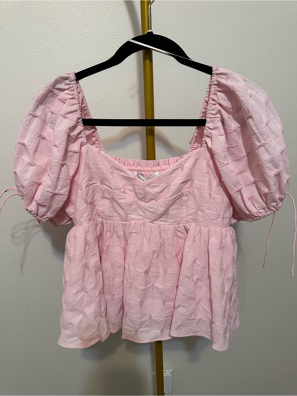 English Factory Light Pink Puff Sleeve Smocked Peplum Blouse